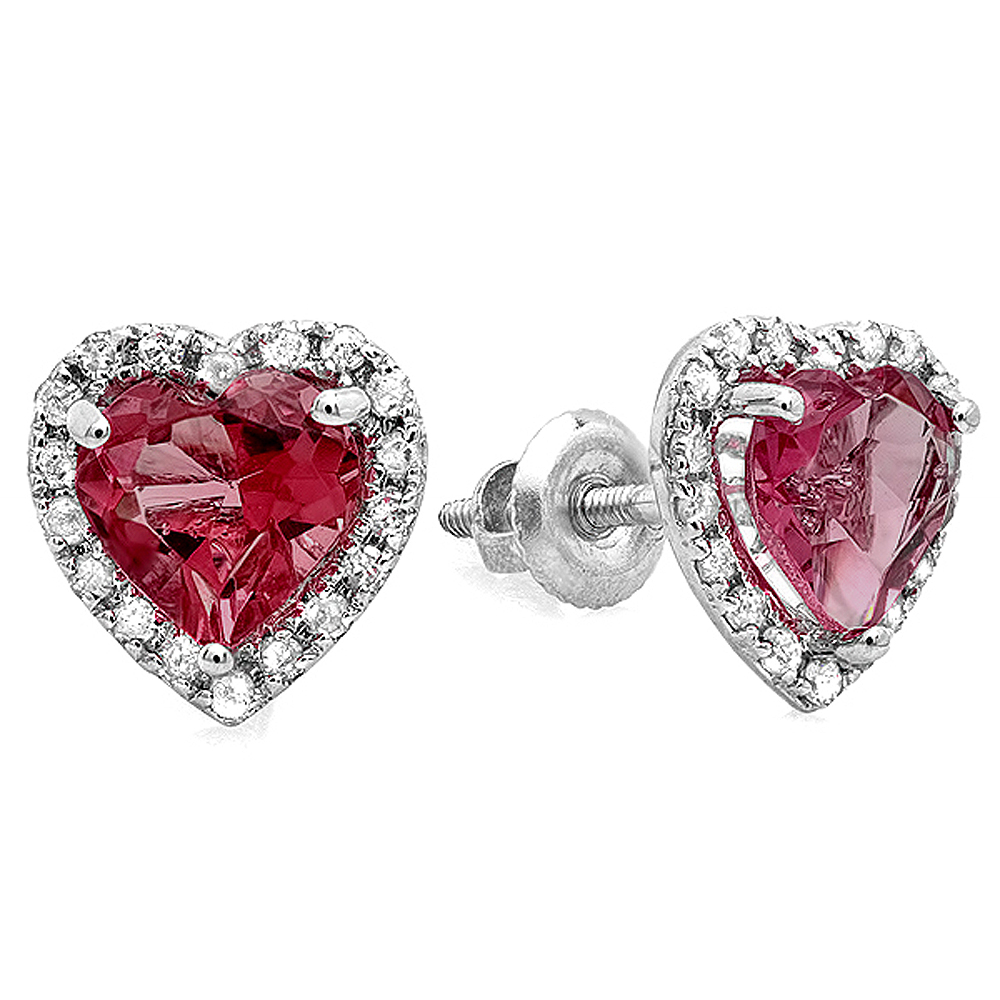 DazzlingRock 1.35 Carat (ctw) 10k White Gold Heart Pink Rhodolite Garnet & White Diamond Ladies Halo Stud Earrings