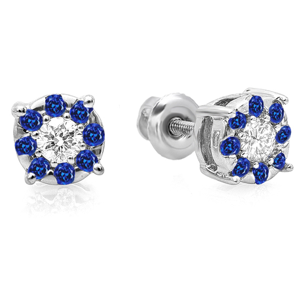 DazzlingRock 0.33 Carat (ctw) 14K White Gold Round Cut Blue Sapphire & White Diamond Round Shape Cluster Earrings 1/3 CT Look of 1 CT