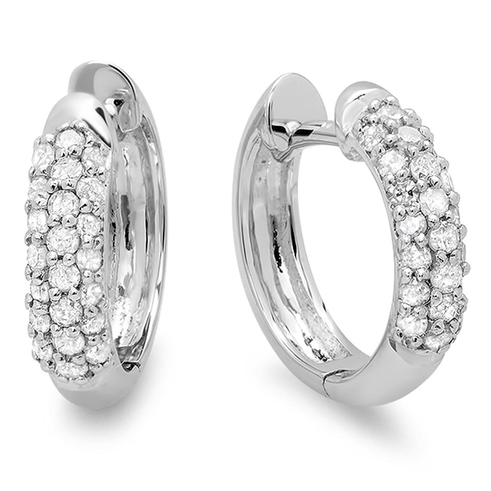 DazzlingRock 0.30 Carat (ctw) 10k White Gold Round Diamond Ladies Pave Set Huggies Hoop Earrings 1/3 CT