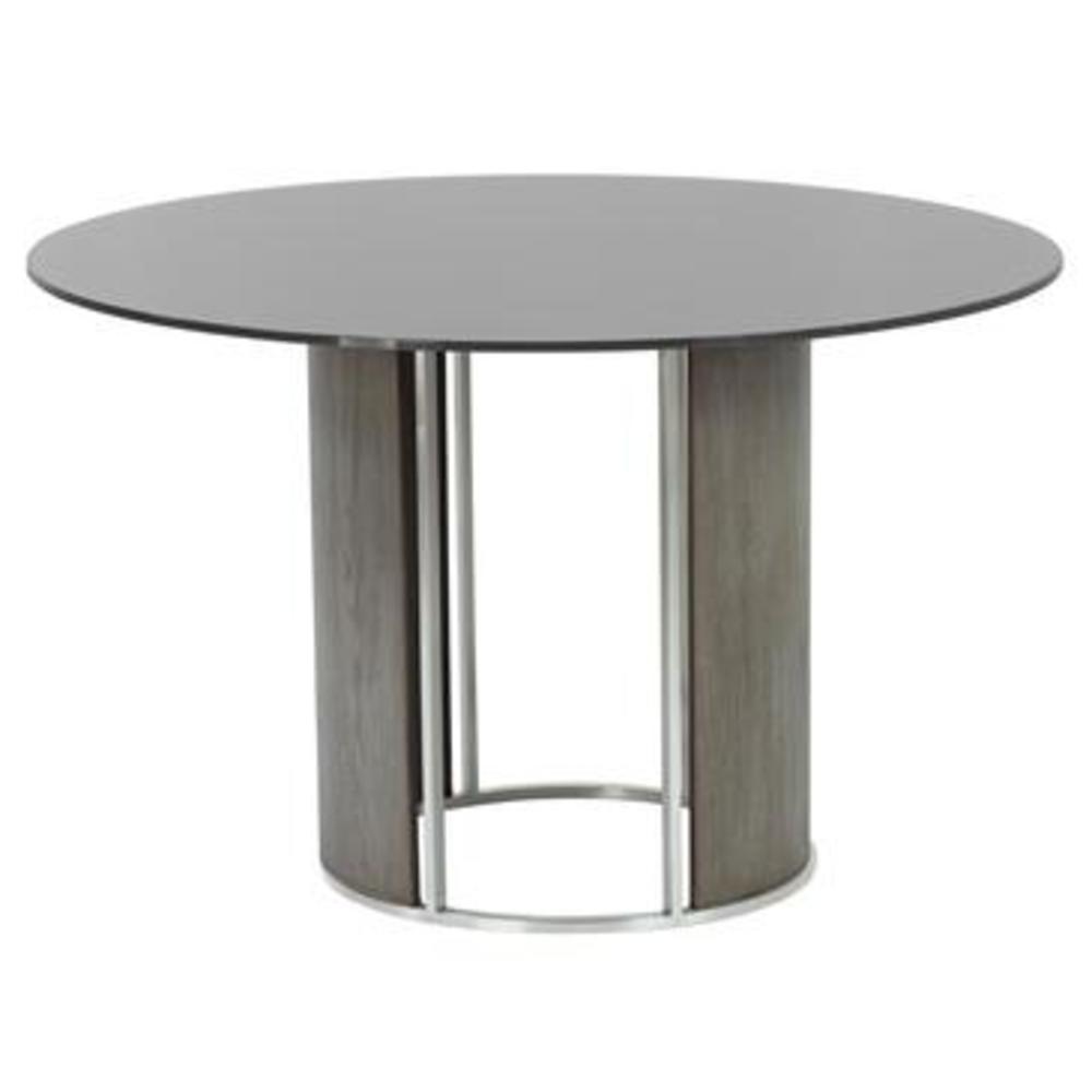 Armen Living Delano Round Dining Table in Brushed Stainless Steel w/Gray Tempered Glass Top &