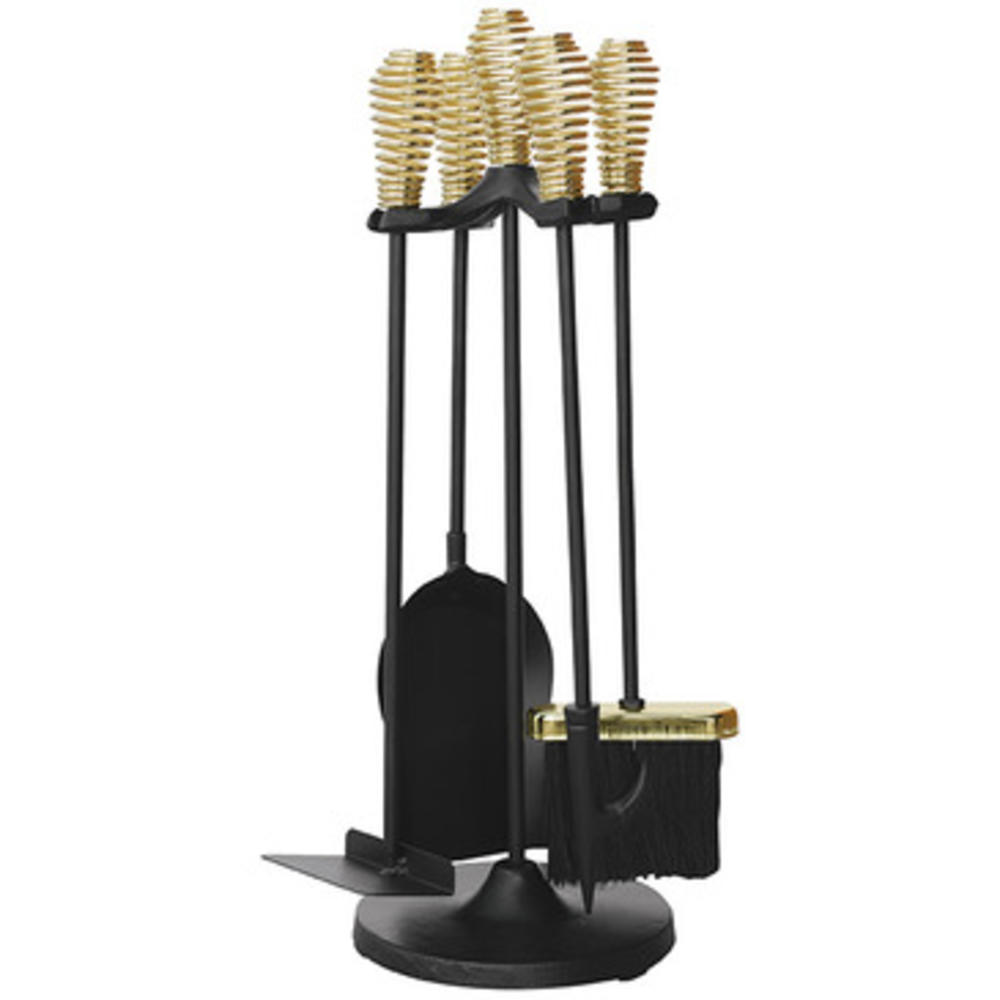 UniFlame F-3629 5 Piece Polished Brass/ Black Stoveset with Spring Handles