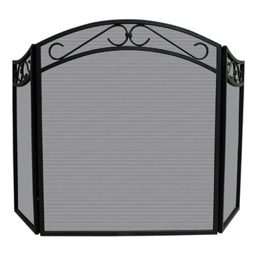 UniFlame S-1088 3 Fold Black Wrought Iron Arch Top Screen with Scrolls
