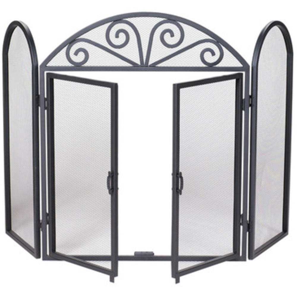 UniFlame S-1184 3 Fold Black Wrought Iron Screen with Scrolls