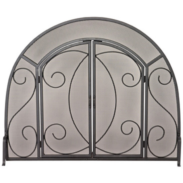 UniFlame S-1096 Single Panel Black Wrought Iron Ornate Screen with Doors