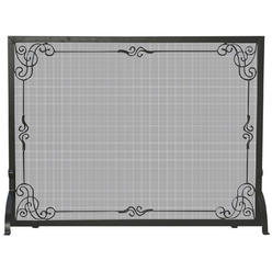 UniFlame S-1025 Single Panel Wrought Iron Screen In Black with Decorative Scroll
