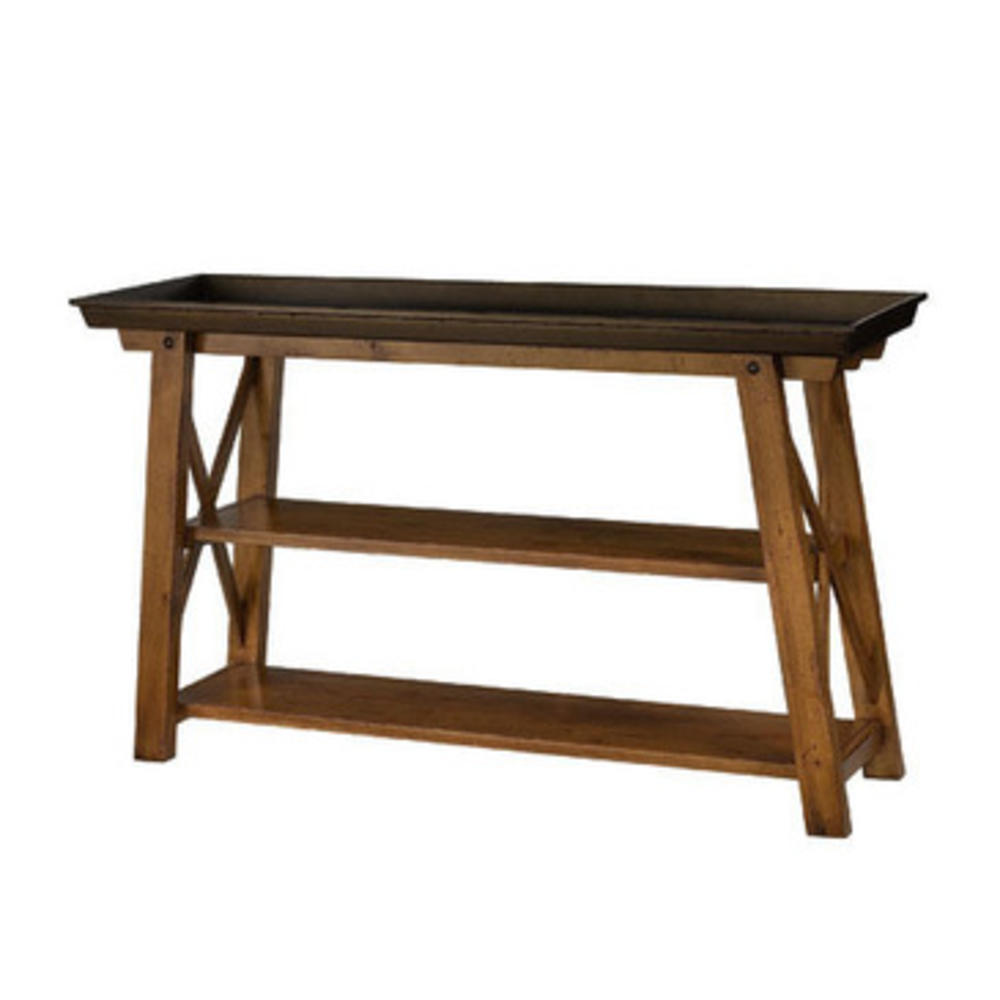 Hammary New River Metal Top Tray Console Table in Rustic Alder