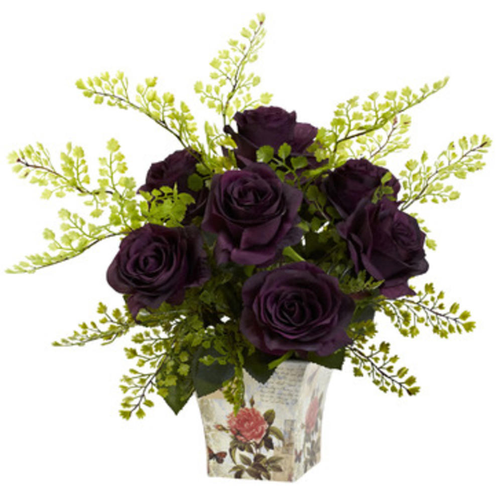 Nearly Natural Rose And Maiden Hair With Floral Planter In Purple Elegance