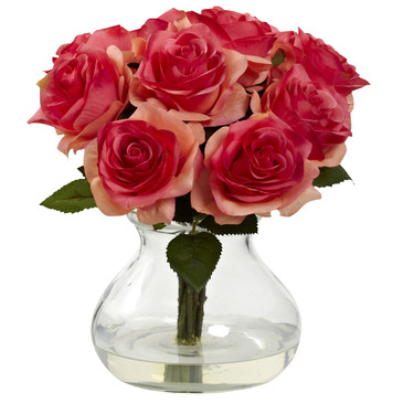 Nearly Natural Rose Arrangement With Vase In Dark Pink