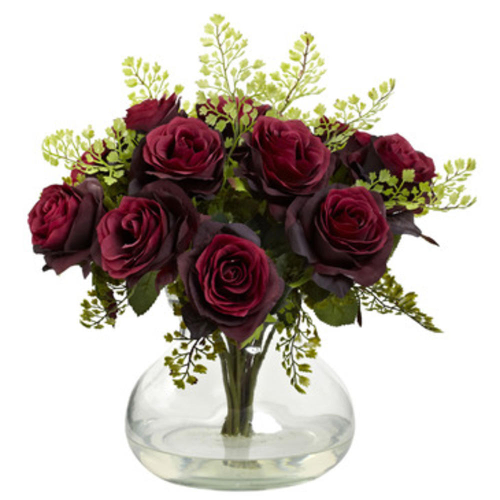 Nearly Natural Rose And Maiden Hair Arrangement With Vase In Burgundy
