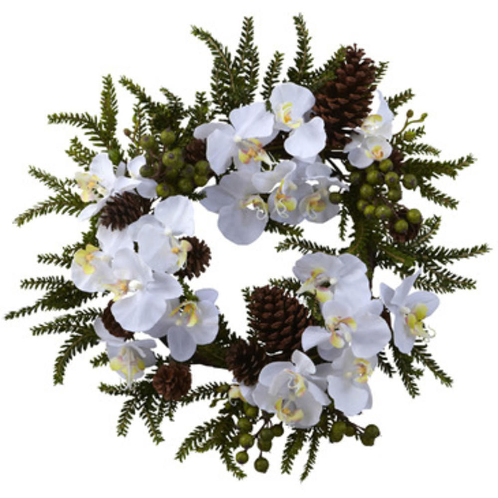 Nearly Natural 22" Phalaenopsis & Pine Wreath