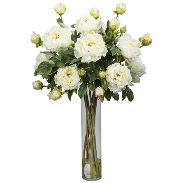 Nearly Natural Peony w/Cylinder Silk Flower Arrangement in White