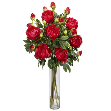 Nearly Natural Peony w/Cylinder Silk Flower Arrangement in Red