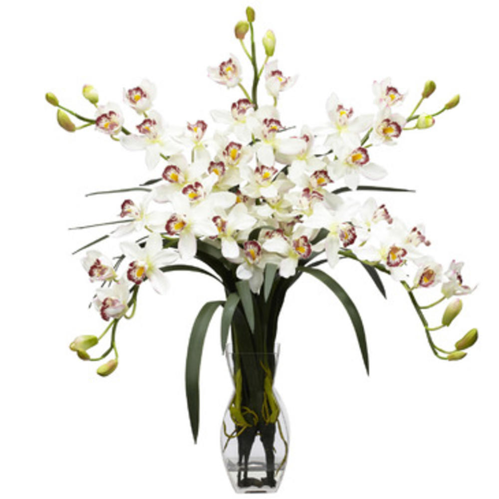 Nearly Natural Cymbidium Orchid Silk Flower Arrangement in White