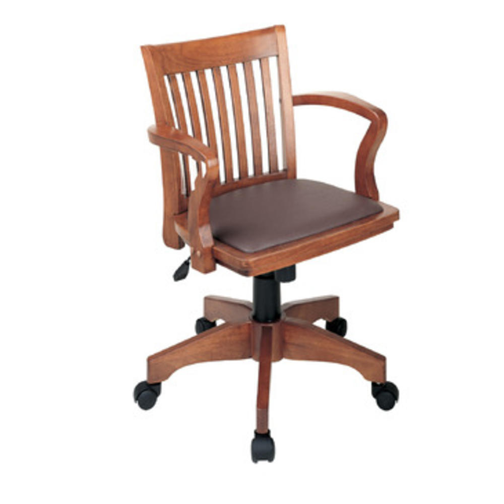 Office Star Deluxe Wood Banker's Chair With Vinyl Padded Seat In Fruit Wood Finish With Brown