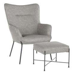 Lumisource Izzy Industrial Lounge Chair and Ottoman Set in Black Metal and Grey Faux Leath