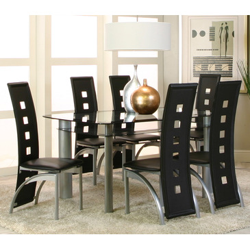 Cramco Valencia 7 Piece Surfboard Double Glass Dining Room Set w/ Platinum Base