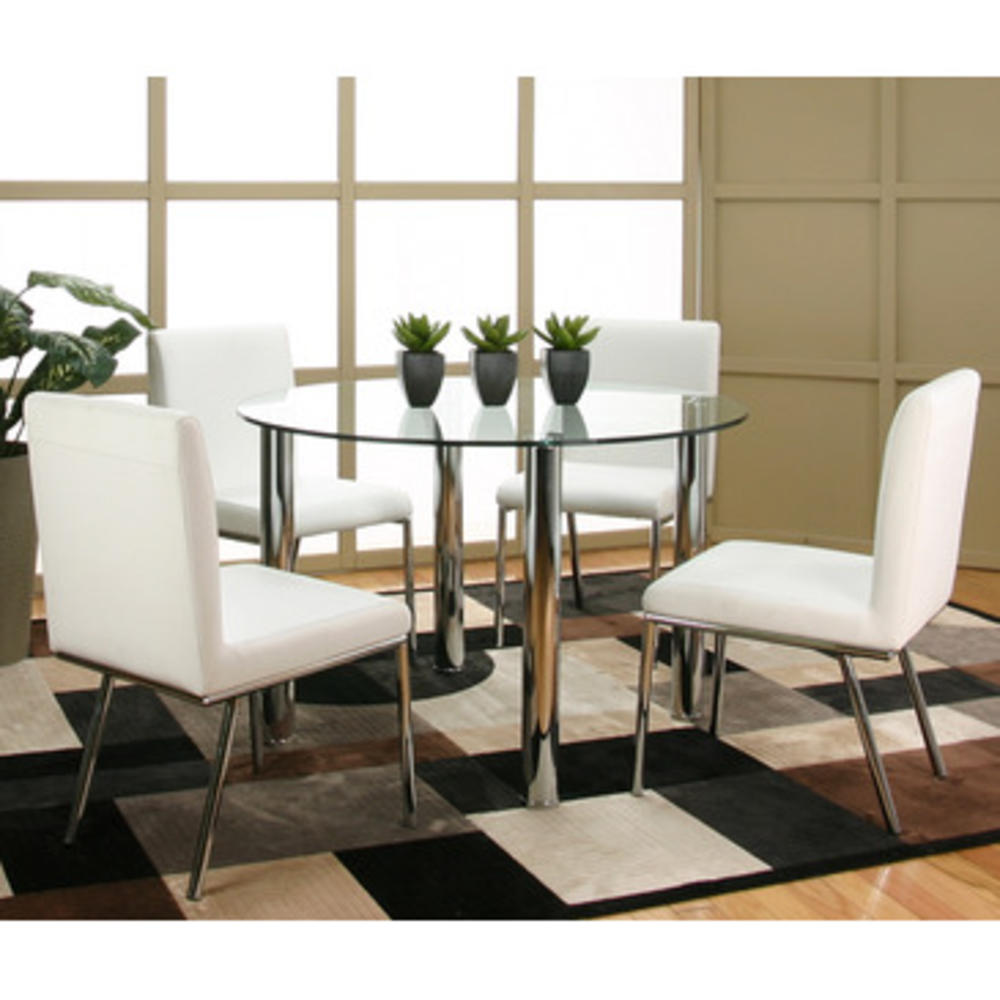 Cramco Mira 5 Piece Round Glass Dining Room Set w/ White Chairs