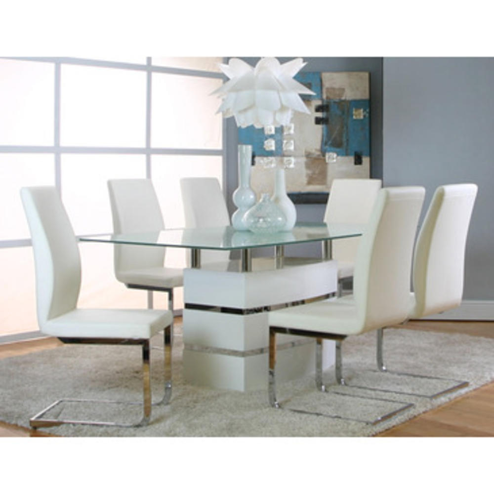 Cramco Altair 7 Piece Rectangular Frosted Glass Dining Room Set w/ White High Gloss Ba