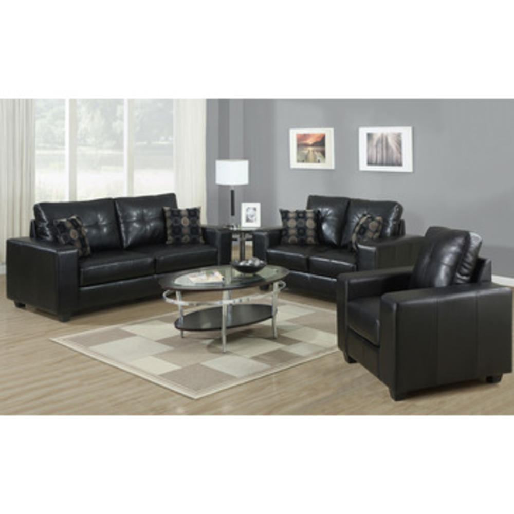 Monarch Specialties 8993BK 3 Piece Living Room Set w/ Accent Pillows in Black Leather