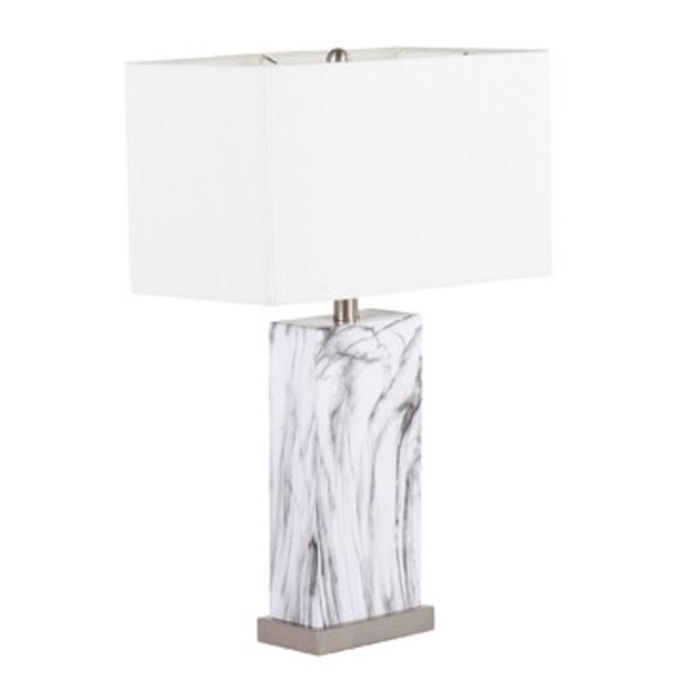 Lumisource Cory Contemporary Table Lamp in White Marble and Stainless Steel with White Linen