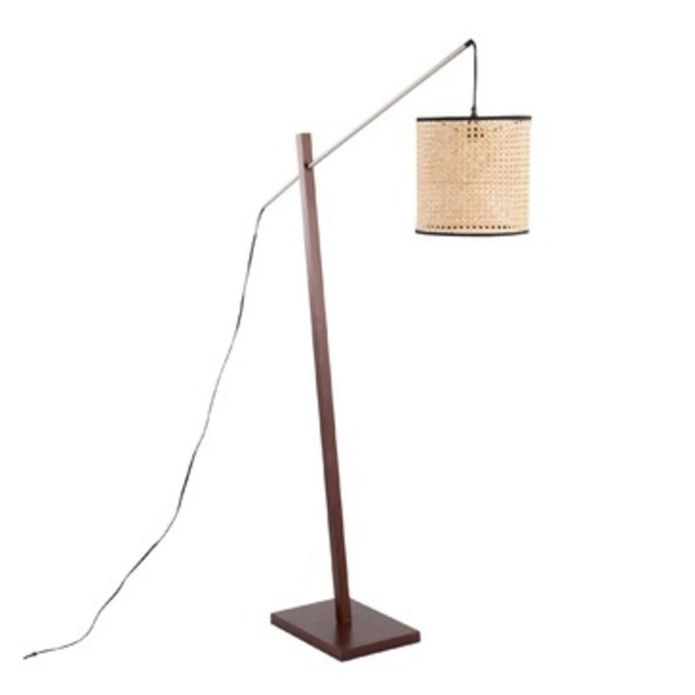 Lumisource Arturo Contemporary Floor Lamp in Walnut Wood and Satin Nickel with Rattan Shad