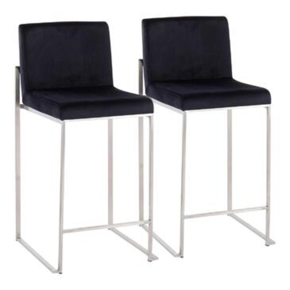 Lumisource Fuji Contemporary High Back Counter Stool in Stainless Steel and Black Velvet -