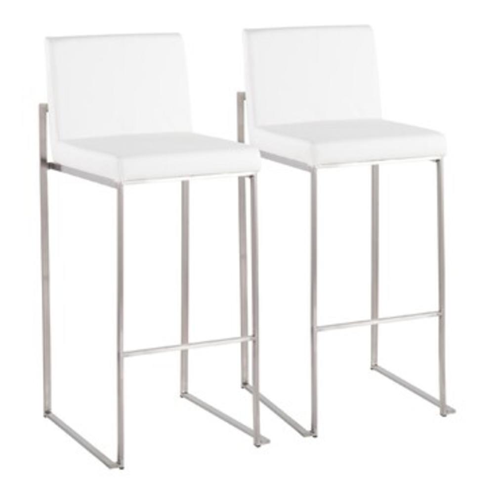 Lumisource Fuji Contemporary High Back Barstool in Stainless Steel and White Faux Leather -