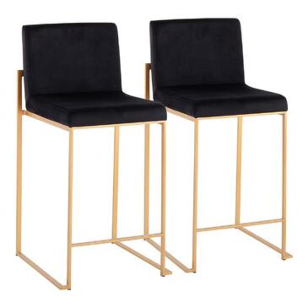 Lumisource Fuji Contemporary High Back Counter Stool in Gold Steel and Black Velvet - Set of
