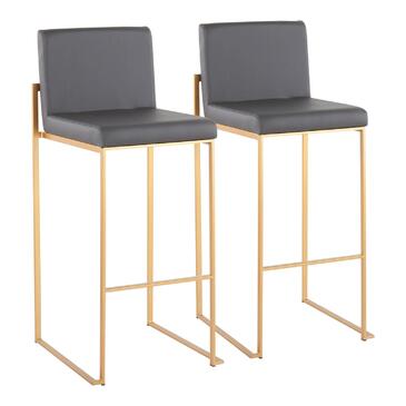 Lumisource Fuji Contemporary High Back Barstool in Gold Steel and Grey Faux Leather - Set of