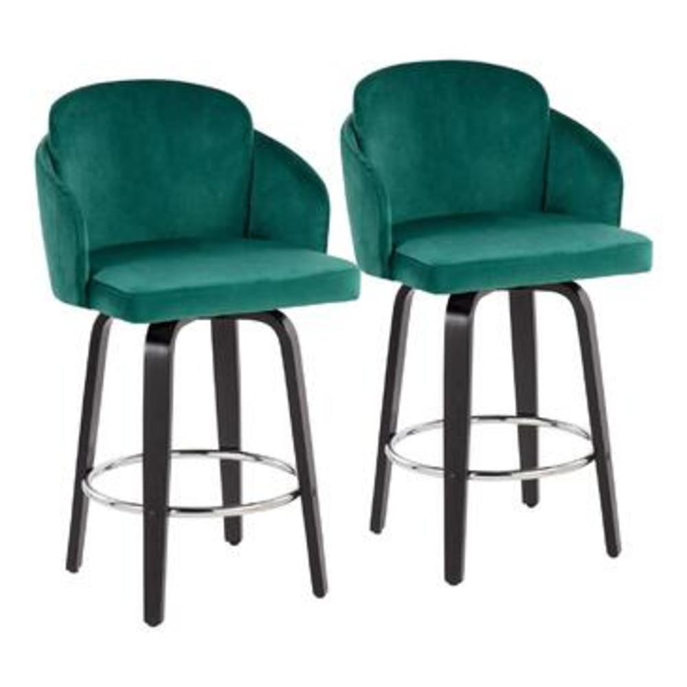 Lumisource Dahlia Contemporary Counter Stool in Black Wood and Green Velvet with Gold Metal