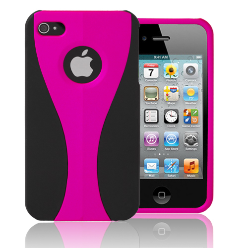 CE Compass iPhone 4S/4 Case - Stylish Deluxe 3-Piece Design Cup Shape Snap-on Rubber Coated Case Cover for Apple iPhone 4S/4 Black/Hot Pink