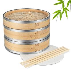 CE Compass Flexzion Bamboo Steamer Basket Set (10 inch) with Stainless Steel Banding 50x Steamer Liners and 2 Pairs of Chopsticks, Chinese 