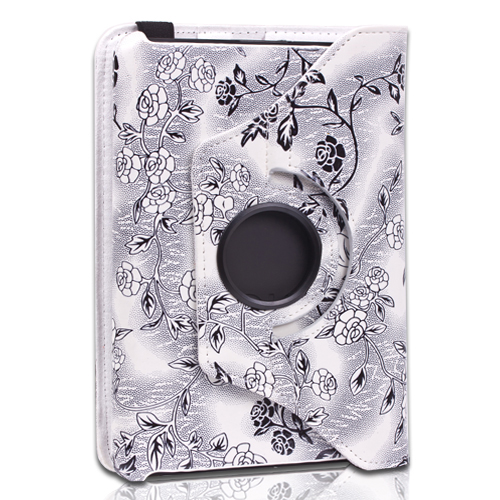 CE Compass Black/White 360 Rotating Embossed Flowers PU Leather Case Cover Stand For Amazon Kindle Fire