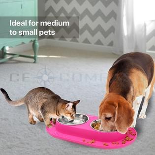 Ce Compass Double Dog Bowl Feeding Station Silicone Base Mat With Two 12oz Stainless Steel Bowl Skid Spill Proof Raised Lip Pink