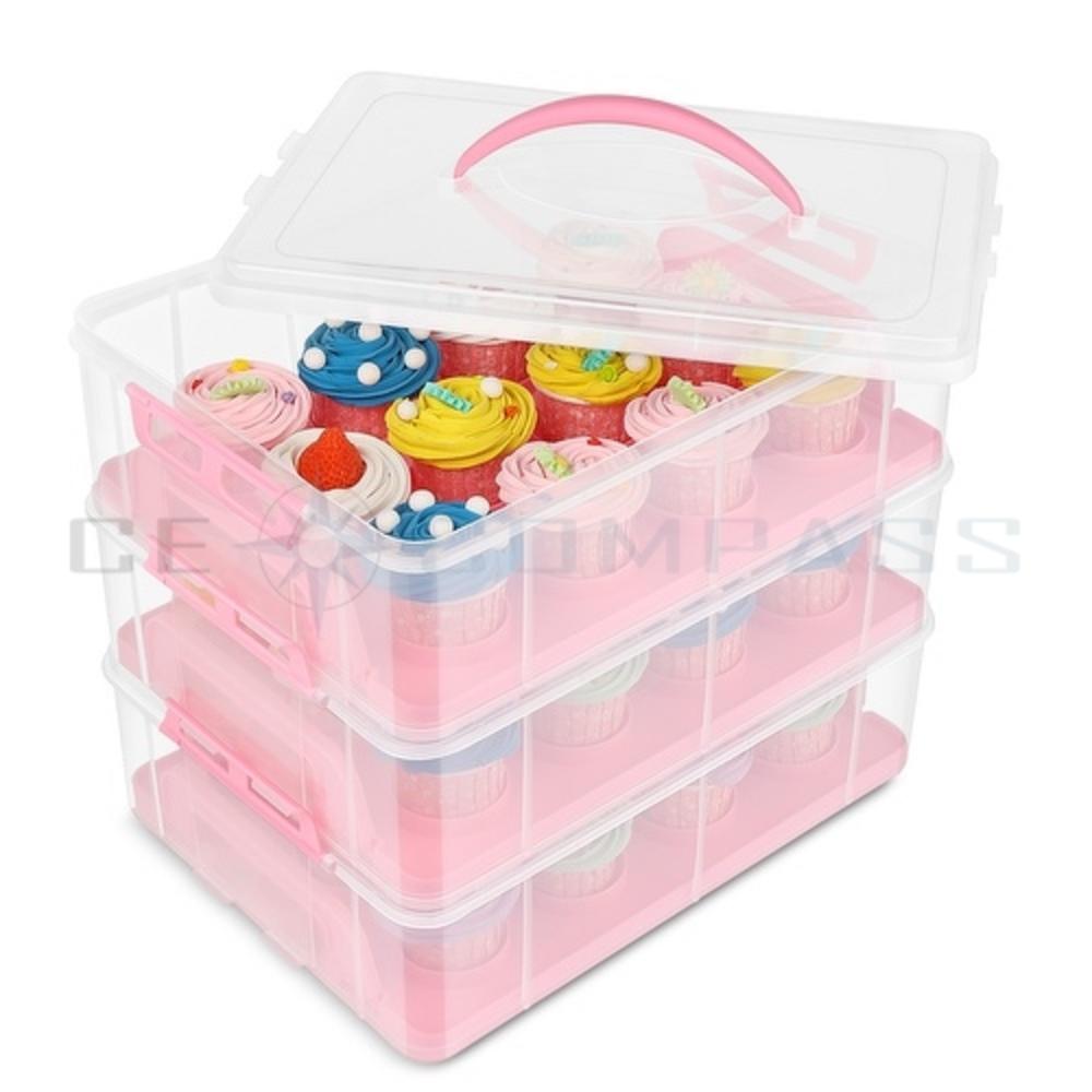 CE Compass Cupcake Carrier Holder Container Box 36 Slot or 3 Large Cakes Pastry Plastic Storage Basket Taker Courier Stackable Layer, Pink