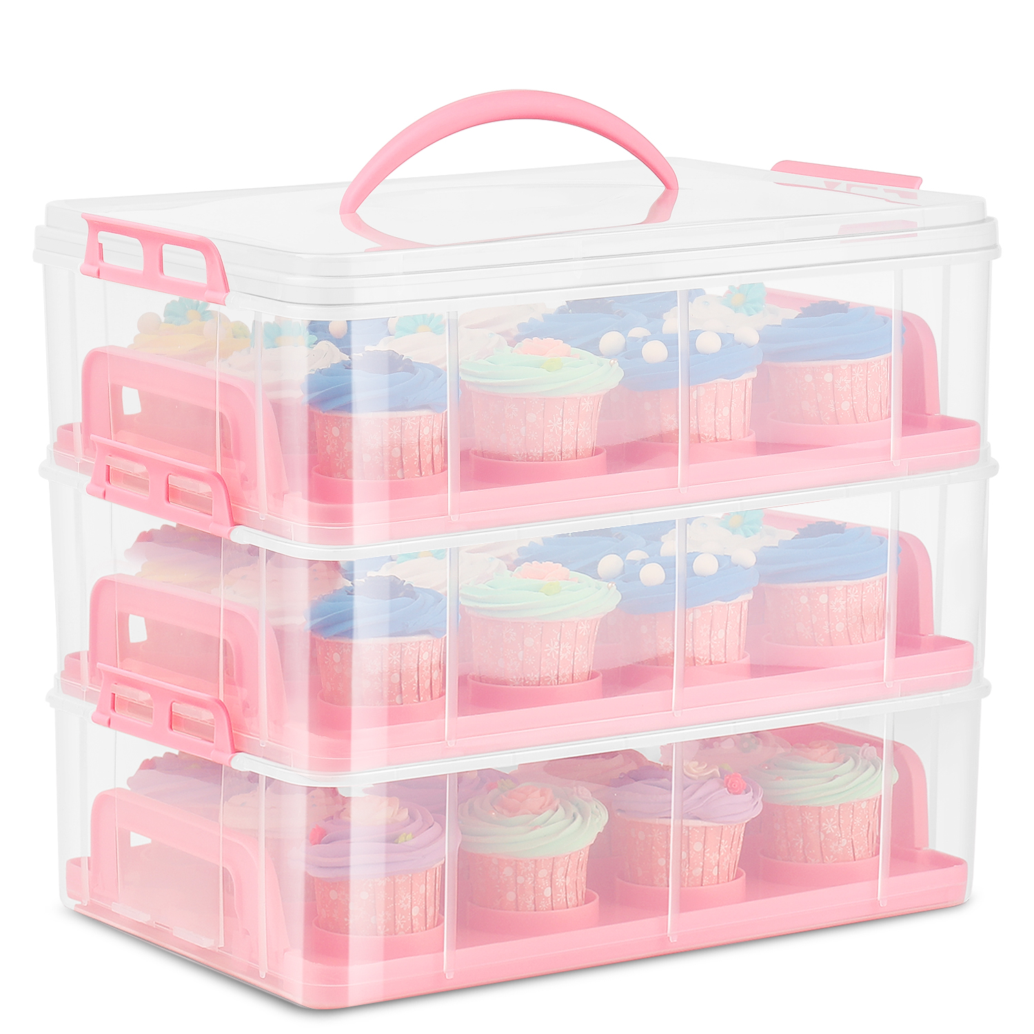 CE Compass Cupcake Carrier Holder Container Box 36 Slot or 3 Large Cakes Pastry Plastic Storage Basket Taker Courier Stackable Layer, Pink