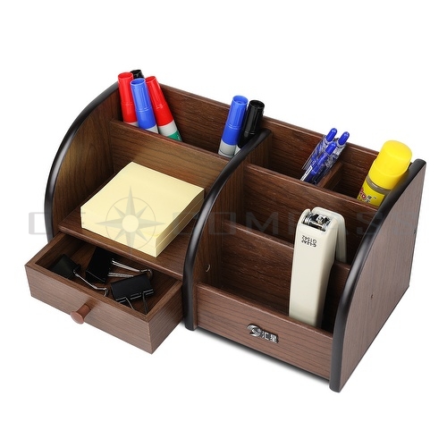 CE Compass Wooden Desk Organizer w/ Drawers - Classic Wood Desktop Tabletop Sorter Shelf Rack Cherry Brown Pen Holder Stationary Storage