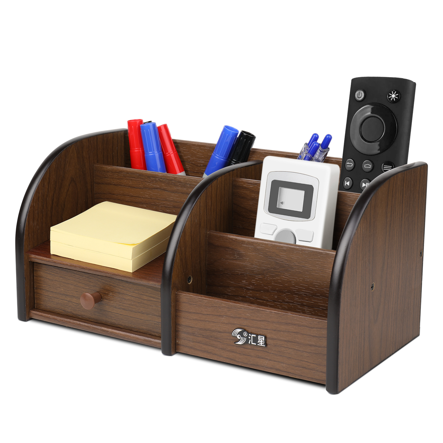 CE Compass Wooden Desk Organizer w/ Drawers - Classic Wood Desktop Tabletop Sorter Shelf Rack Cherry Brown Pen Holder Stationary Storage