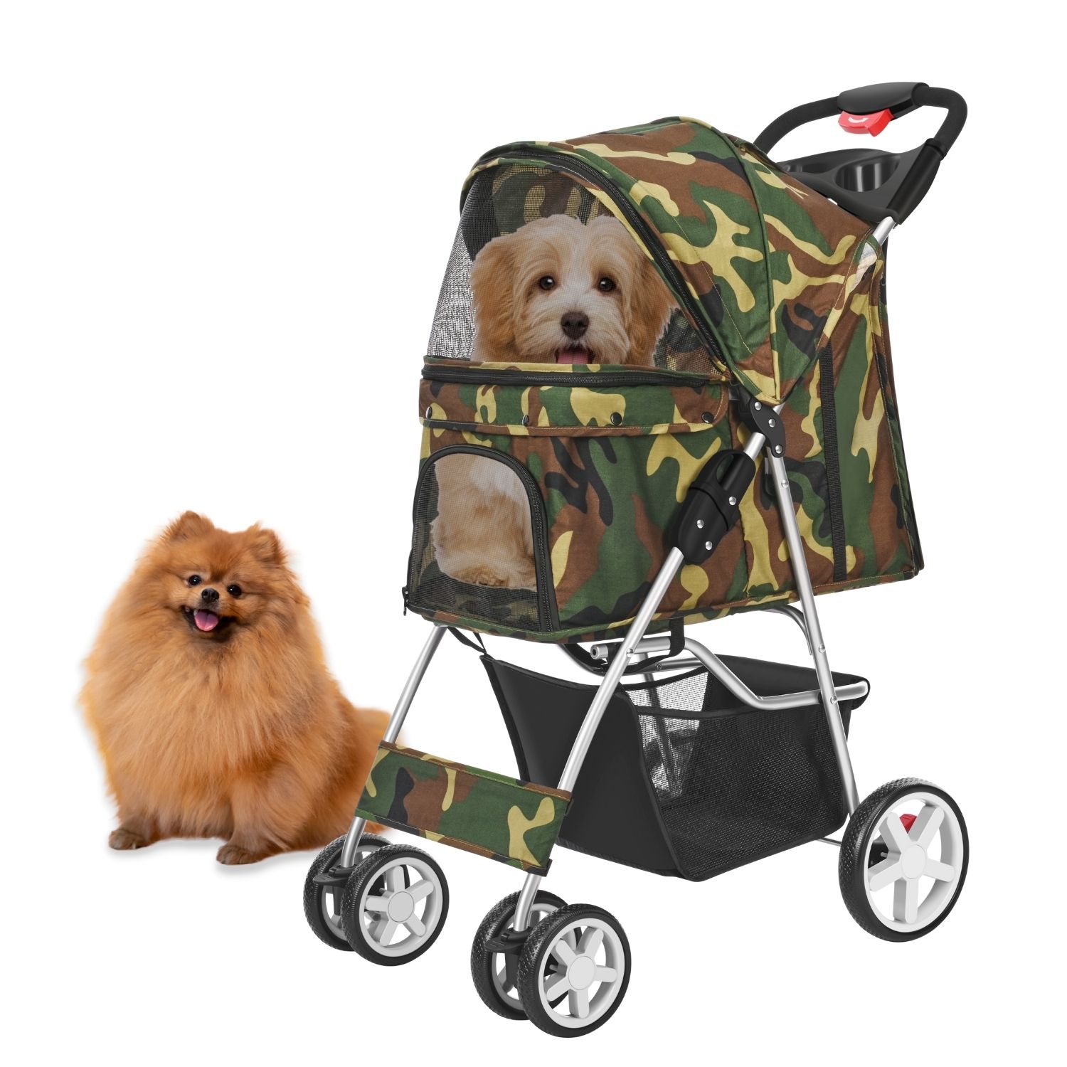 CE Compass 4 Wheels Pet Dog Stroller Cat Small Animals Carrier Large Deluxe Folding Flexible for Travel Up to 30 Pounds Sun Shade Camo