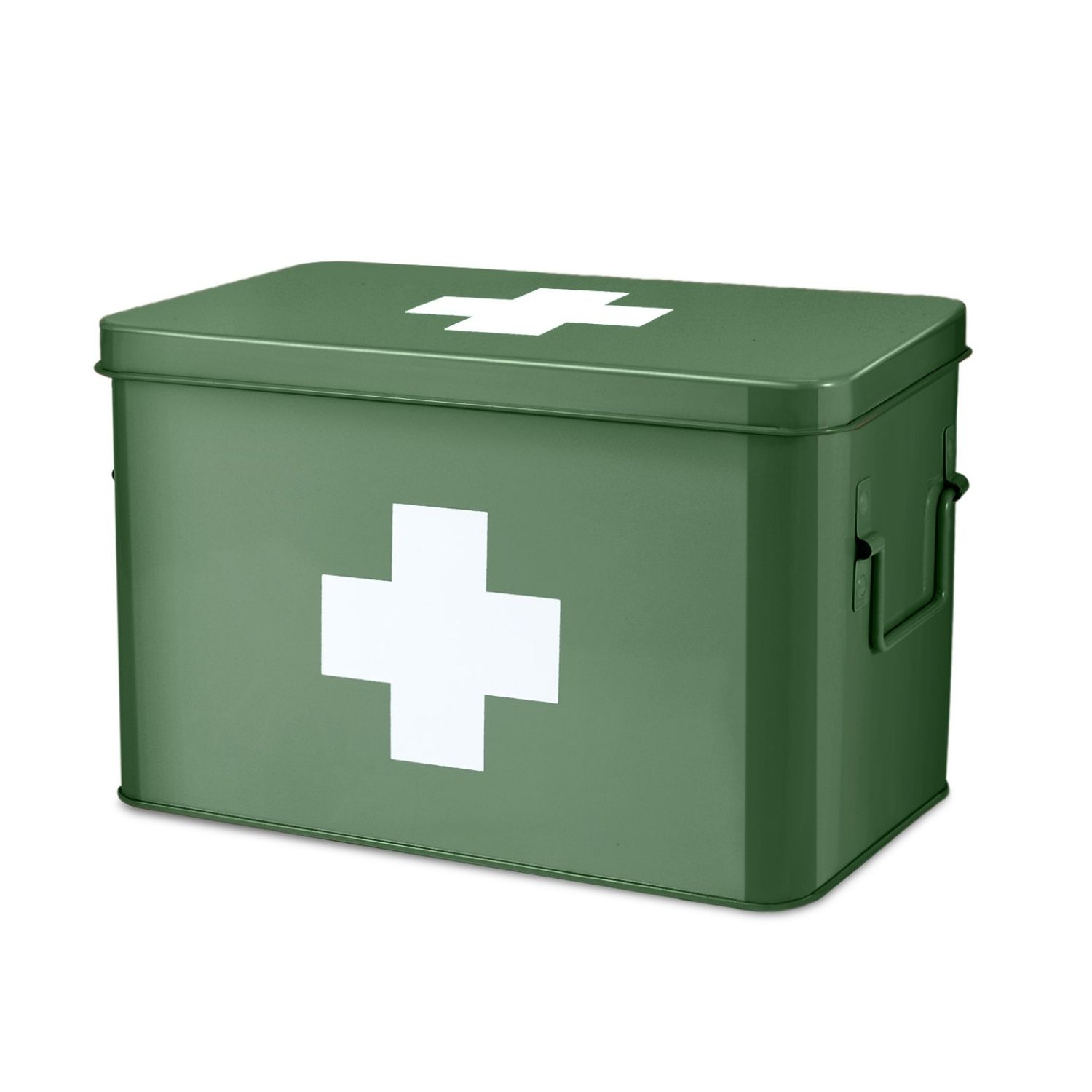 CE Compass First Aid Medicine Box Supplies Kit Storage Organizer 12.5" Green Metal Tin Empty Bin Boxes with Removable Tray Handle for Home