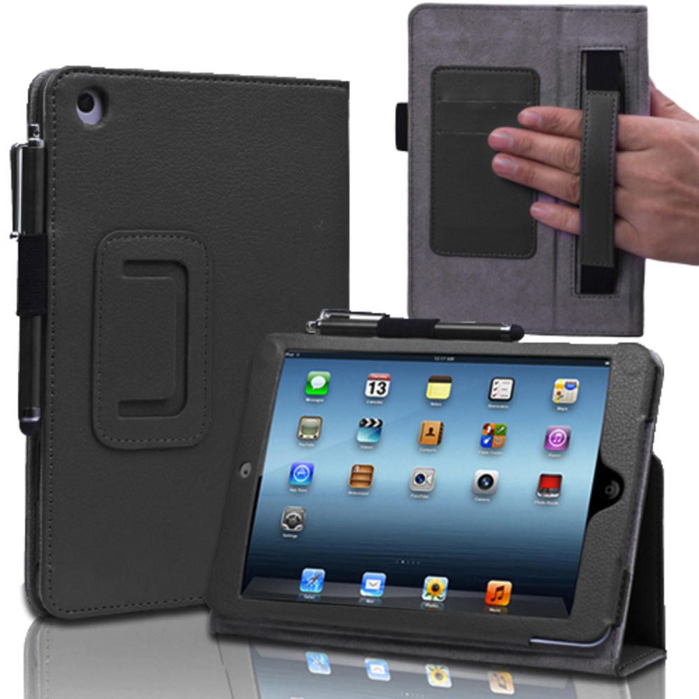 CE Compass iPad Mini Case - Slim Fit Leather Folio Smart Cover Stand For iPad Mini 1st Gen Sleep Wake Stylus Card Holder Hand Strap Black