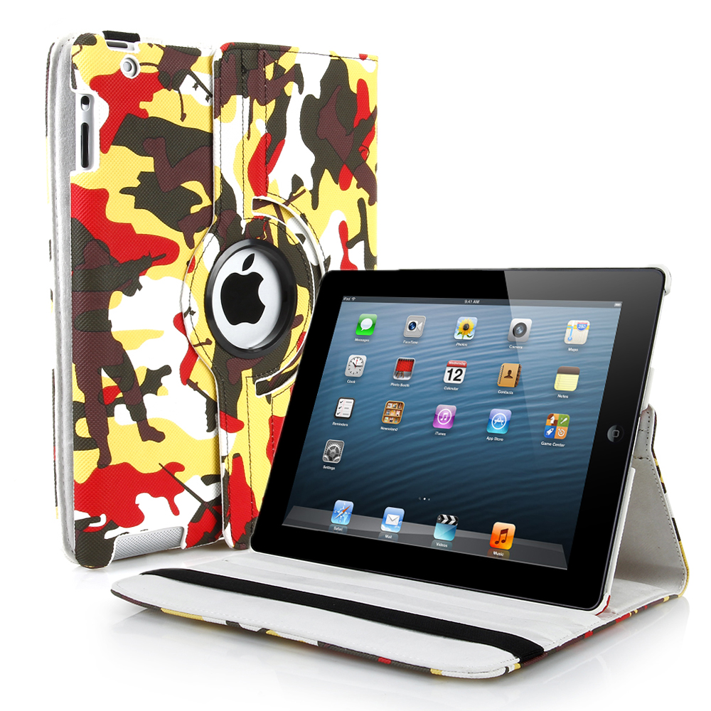 CE Compass Apple iPad 2/3/4 Case - 360 Rotating Stand Leather Smart Cover For iPad 4,iPad 3,iPad 2 Stylus Holder Camouflage Yellow and Red