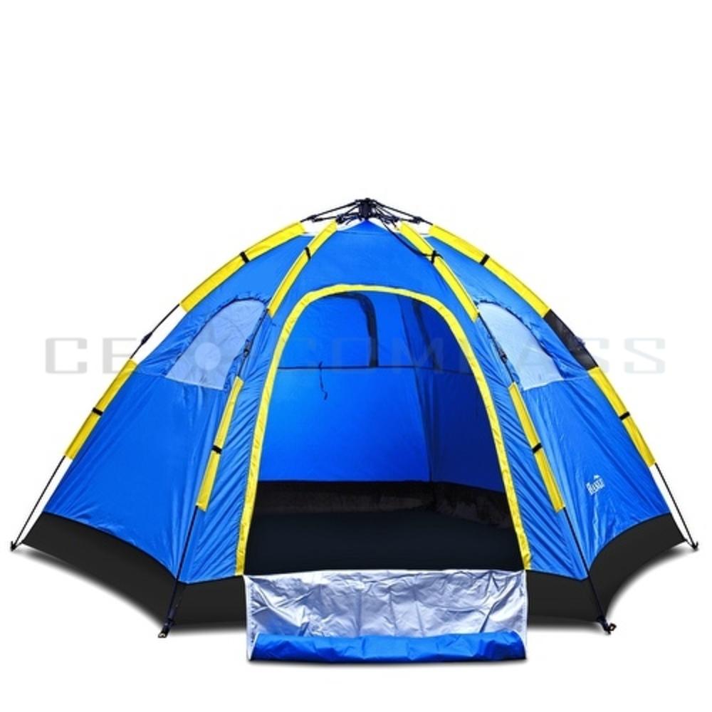 CE Compass Hiking Camping Tent Large Family 4 Person Automatic Instant Pop up Rain Resistant Polyester Indoor Outdoor Easy Fold Back Blue
