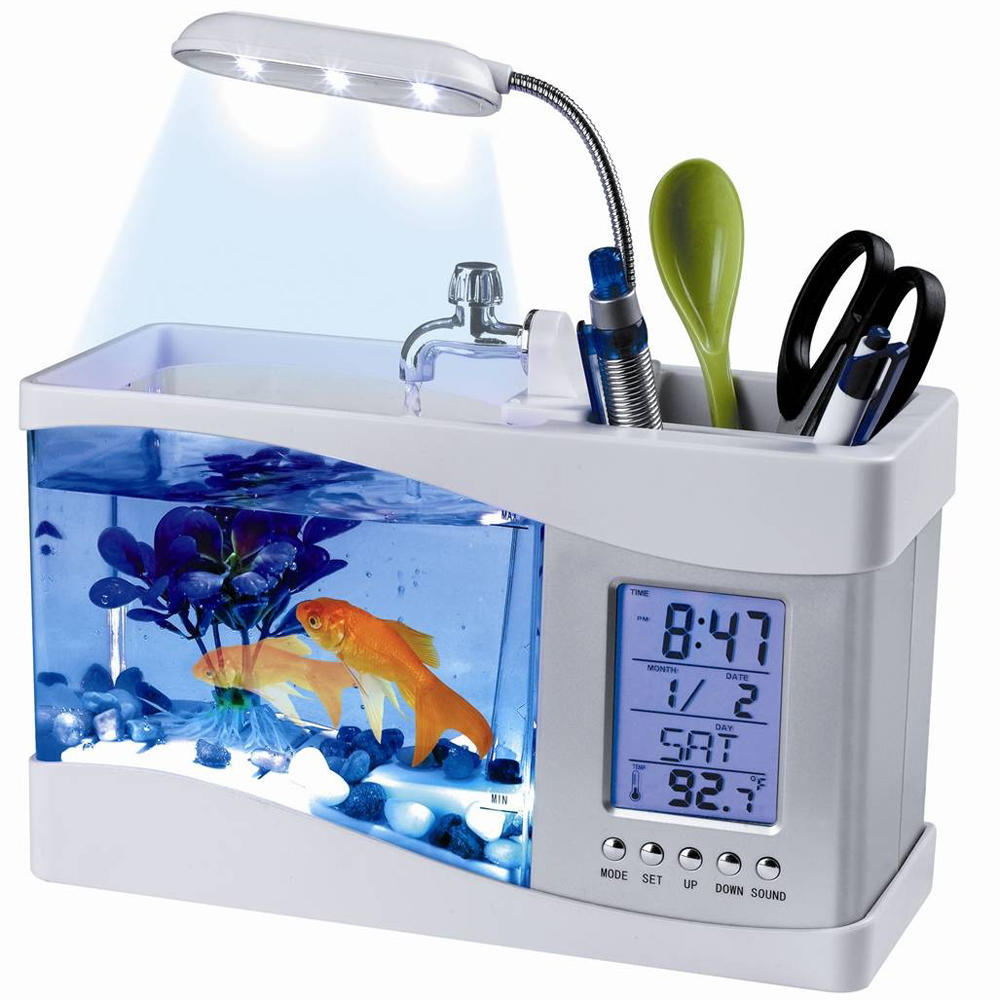 CE Compass USB Desktop Aquarium Mini Fish Tank with Running Water LCD Time Clock Alarm Colorful LED Lamp Light Calendar Holds 1.5 Quart