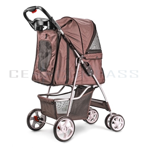 CE Compass 4 Wheels Pet Dog Stroller Cat Small Animals Carrier Large Deluxe Folding Flexible for Travel Up to 30 Pounds w/ Sun Shade Brown