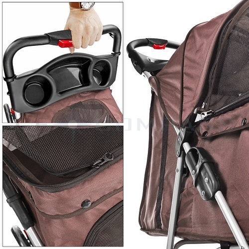 CE Compass 4 Wheels Pet Dog Stroller Cat Small Animals Carrier Large Deluxe Folding Flexible for Travel Up to 30 Pounds w/ Sun Shade Brown