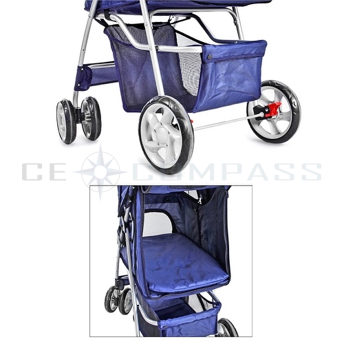 CE Compass 4 Wheels Pet Dog Stroller Cat Small Animals Carrier Deluxe Folding Flexible for Travel Up to 30 Pounds with Sun Shade Dark Blue