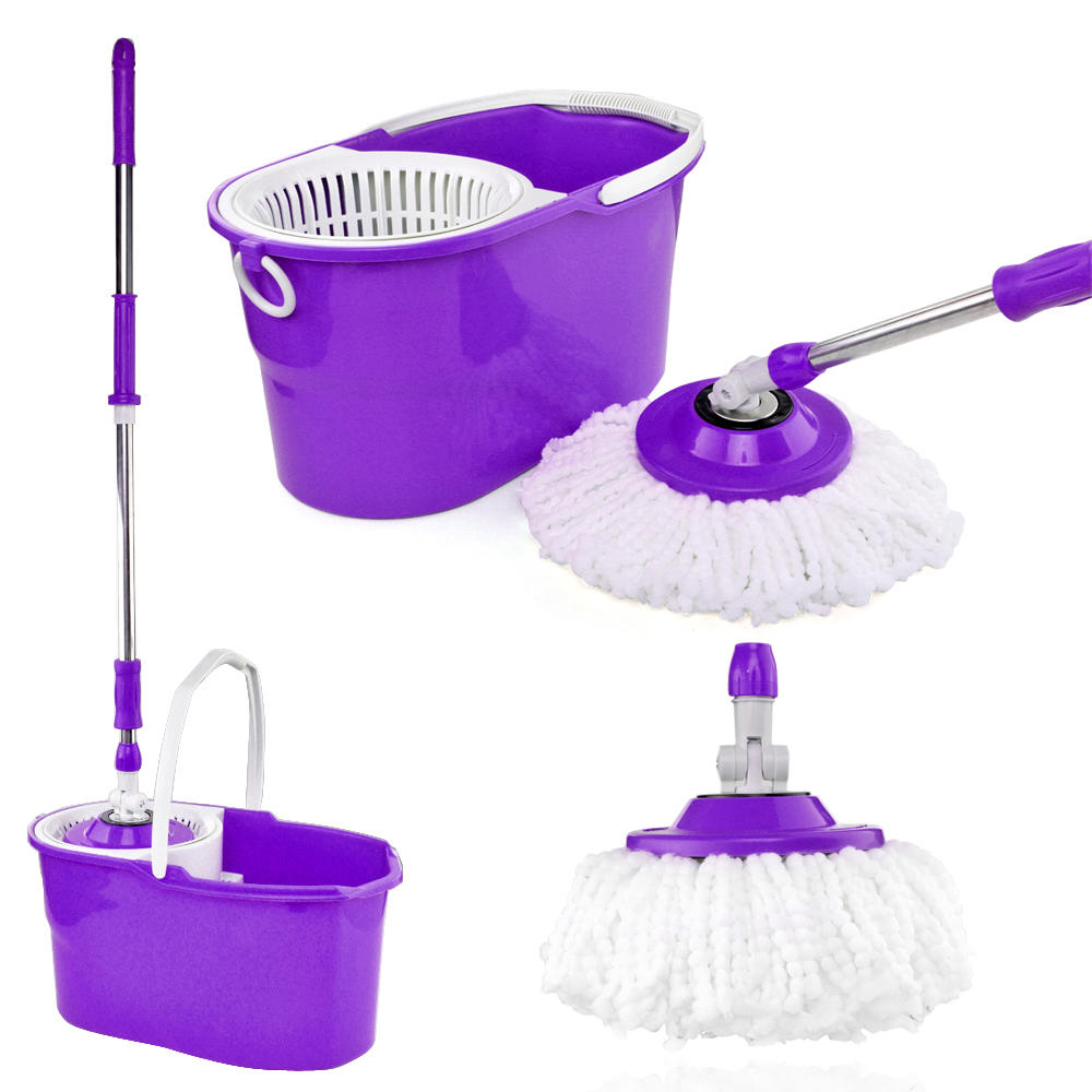 CE Compass Easy Magic Floor Mop (Purple) 360° Degree Rotating Stainless Steel Set with Dry Version Bucket 2 Replacement Microfiber Mop Head