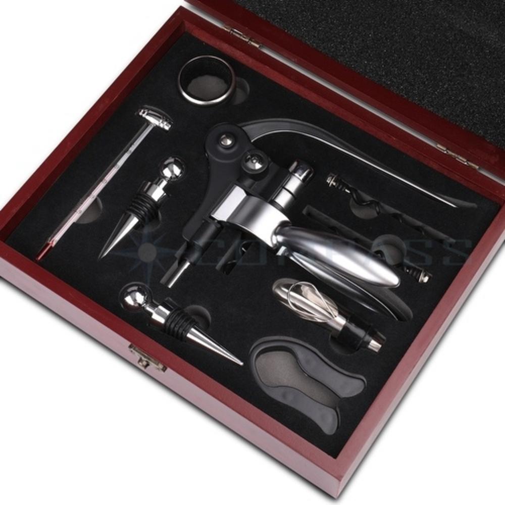 CE Compass Wine Opener Set w/ Corkscrew, Wine Stoppers, Pourer, Foil Cutter, Drip Ring and more in Mahogany Wood Case