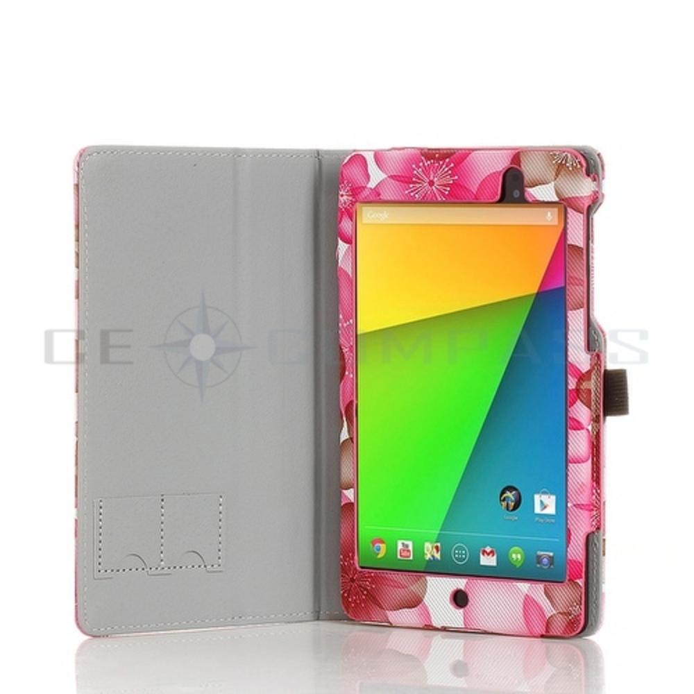 CE Compass Nexus 7 Case - Leather Smart Cover Stand For Google Nexus 7 2nd Gen with Auto Sleep Wake and Pen Loop SD Card Slots Flower Pink